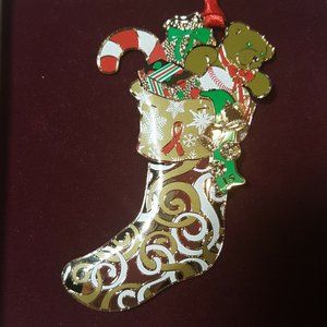 Joy and Wonder of the Season Xmas Stocking 3D Ornament Brass 24K Gold n Enamel